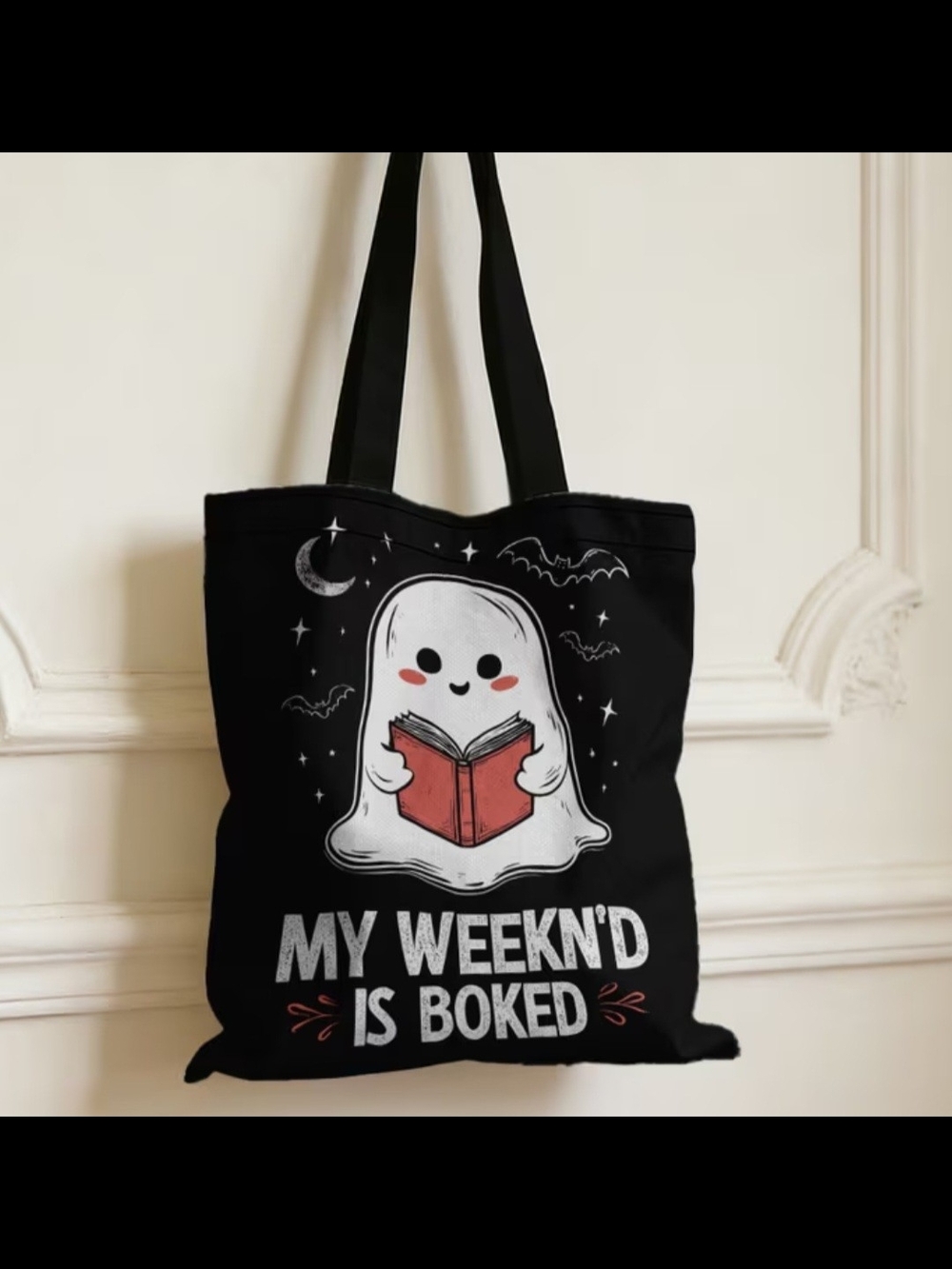 Black Ghost Tote Bag with Red Book Graphic - Picture 5 of 5